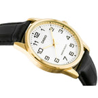 Casio MTP-V001GL-7B férfi karóra, arany tok, fehér számlap, fekete bőr szíj