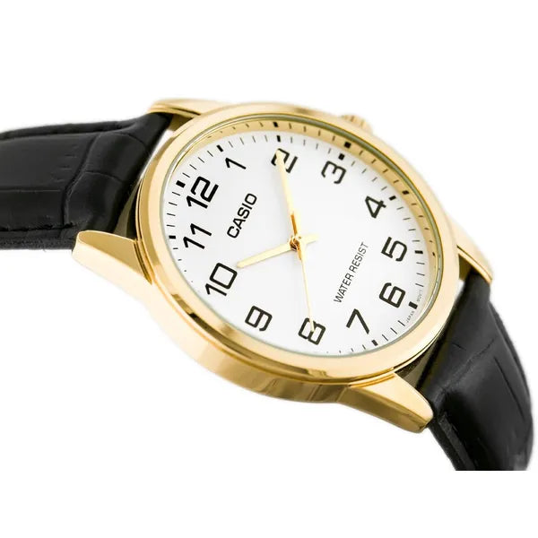 Casio MTP-V001GL-7B férfi karóra, arany tok, fehér számlap, fekete bőr szíj