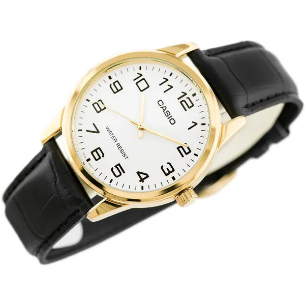 Casio MTP-V001GL-7B férfi karóra, arany tok, fehér számlap, fekete bőr szíj