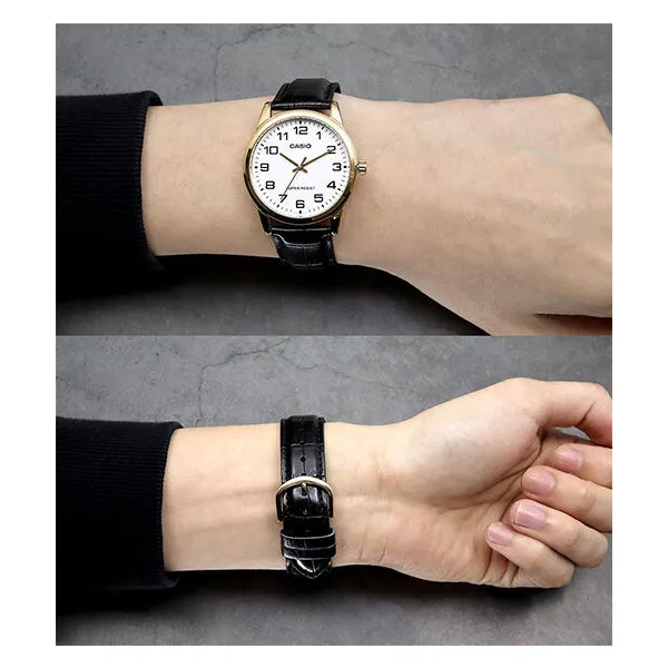 Casio MTP-V001GL-7B férfi karóra, arany tok, fehér számlap, fekete bőr szíj