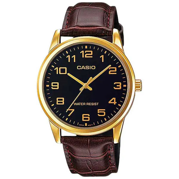 Casio férfi karóra MTP-V001GL-1B, fekete számlap, barna bőrszíj, arany tok