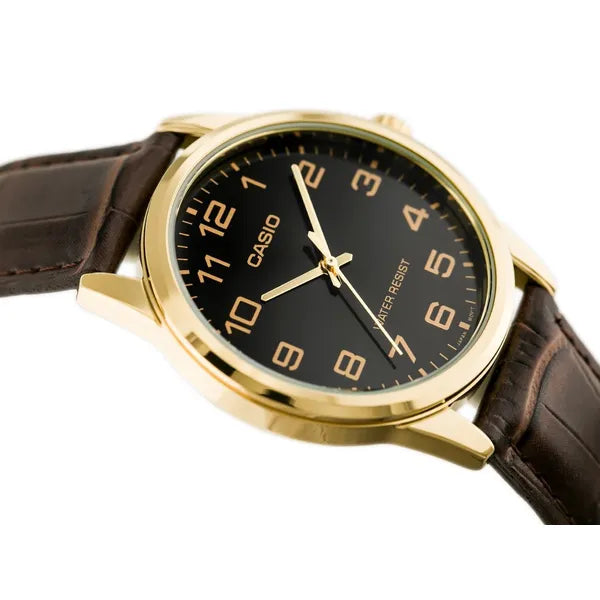 Casio férfi karóra MTP-V001GL-1B, fekete számlap, barna bőrszíj, arany tok