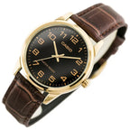 Casio férfi karóra MTP-V001GL-1B, fekete számlap, barna bőrszíj, arany tok
