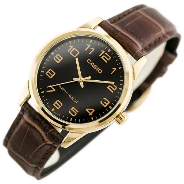 Casio férfi karóra MTP-V001GL-1B, fekete számlap, barna bőrszíj, arany tok