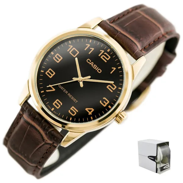 Casio férfi karóra MTP-V001GL-1B, fekete számlap, barna bőrszíj, arany tok