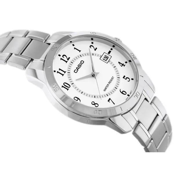Casio férfi karóra MTP-V004D-7B, acél szíj, fehér számlap, dátum, WR30
