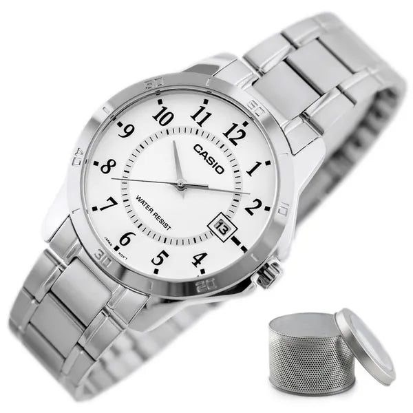 Casio férfi karóra MTP-V004D-7B, acél szíj, fehér számlap, dátum, WR30