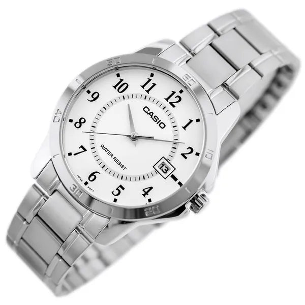 Casio férfi karóra MTP-V004D-7B, acél szíj, fehér számlap, dátum, WR30
