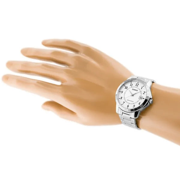 Casio férfi karóra MTP-V004D-7B, acél szíj, fehér számlap, dátum, WR30