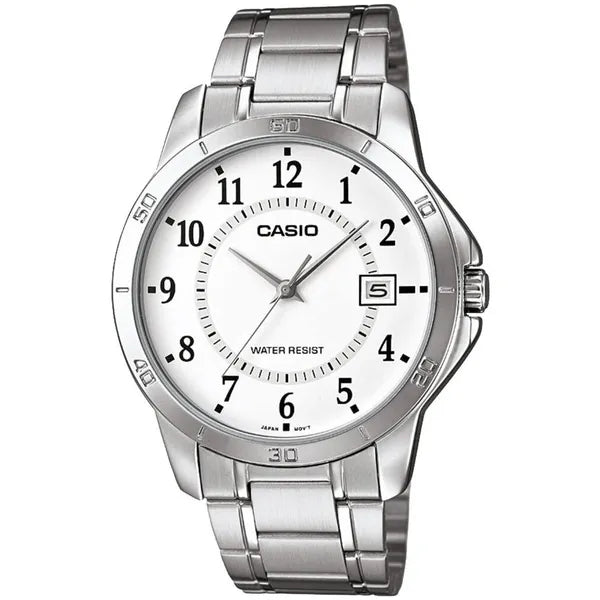 Casio férfi karóra MTP-V004D-7B, acél szíj, fehér számlap, dátum, WR30