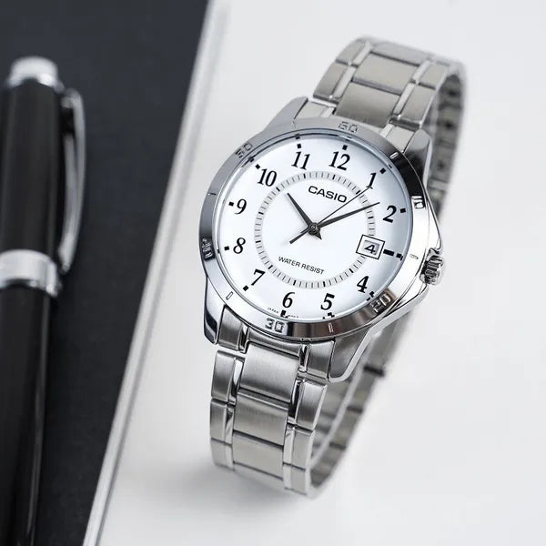 Casio férfi karóra MTP-V004D-7B, acél szíj, fehér számlap, dátum, WR30