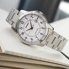 Casio férfi karóra MTP-V004D-7B, acél szíj, fehér számlap, dátum, WR30