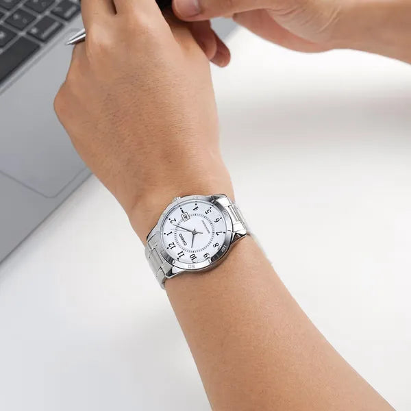 Casio férfi karóra MTP-V004D-7B, acél szíj, fehér számlap, dátum, WR30