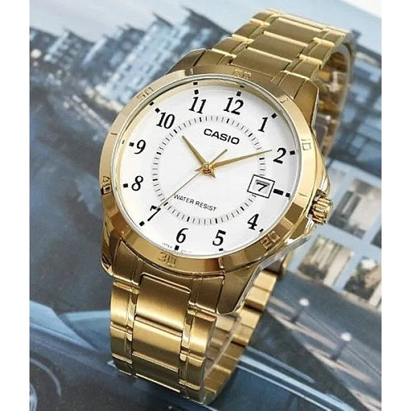 Casio MTP-V004G-7B férfi karóra, arany nemesacél, fehér számlap, dátum, WR30