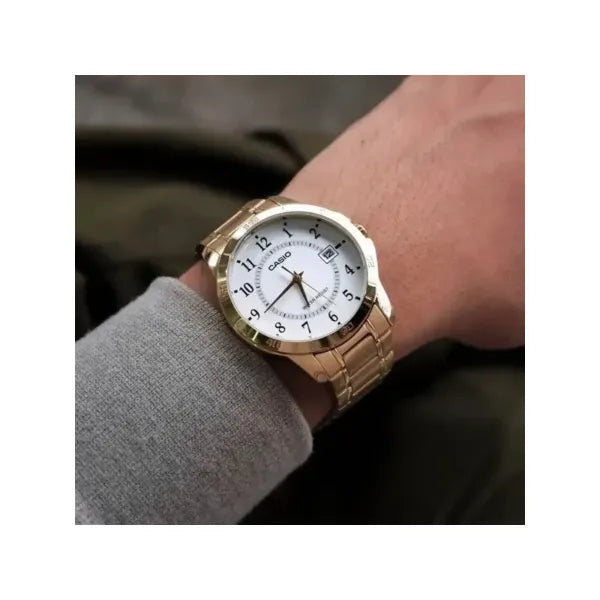 Casio MTP-V004G-7B férfi karóra, arany nemesacél, fehér számlap, dátum, WR30