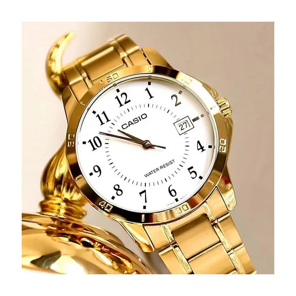 Casio MTP-V004G-7B férfi karóra, arany nemesacél, fehér számlap, dátum, WR30