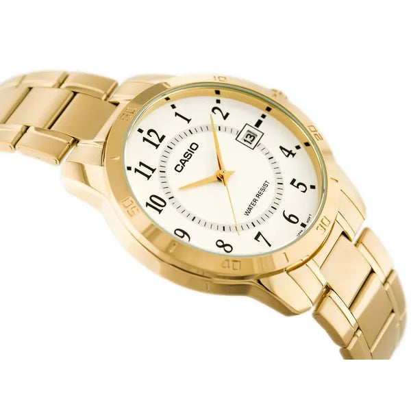 Casio MTP-V004G-7B férfi karóra, arany nemesacél, fehér számlap, dátum, WR30