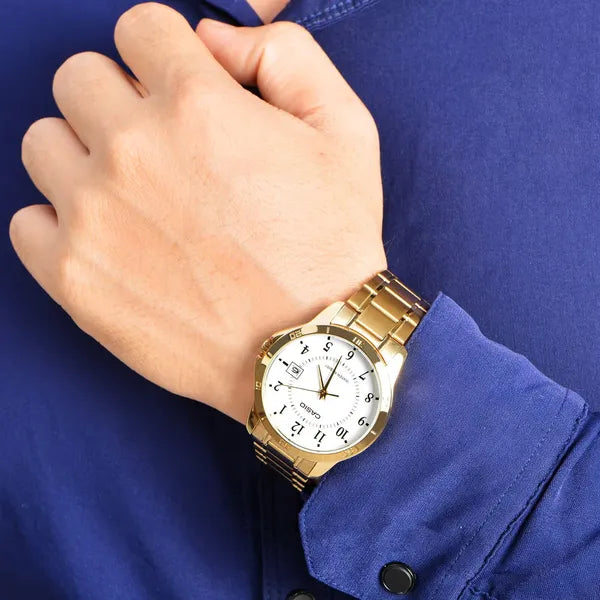 Casio MTP-V004G-7B férfi karóra, arany nemesacél, fehér számlap, dátum, WR30