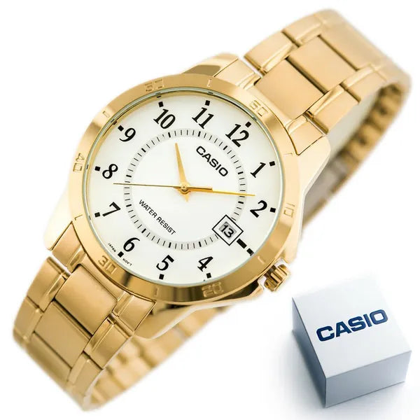 Casio MTP-V004G-7B férfi karóra, arany nemesacél, fehér számlap, dátum, WR30