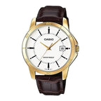 Casio MTP-V004GL-7A férfi karóra, arany tok 42 mm fehér számlap, bőr szíj, kvarc