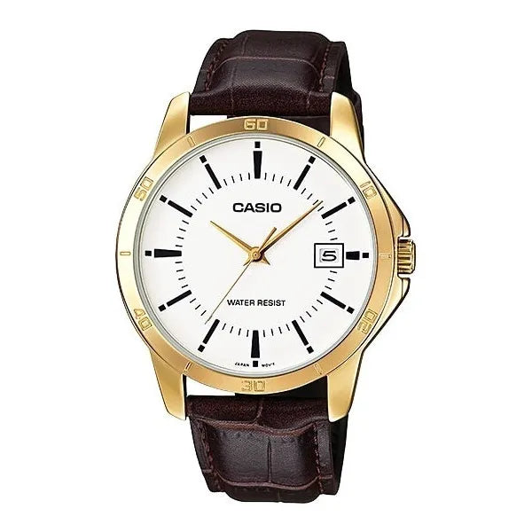 Casio MTP-V004GL-7A férfi karóra, arany tok 42 mm fehér számlap, bőr szíj, kvarc