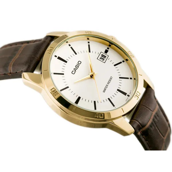 Casio MTP-V004GL-7A férfi karóra, arany tok 42 mm fehér számlap, bőr szíj, kvarc