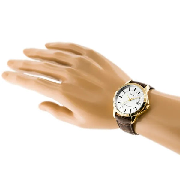 Casio MTP-V004GL-7A férfi karóra, arany tok 42 mm fehér számlap, bőr szíj, kvarc