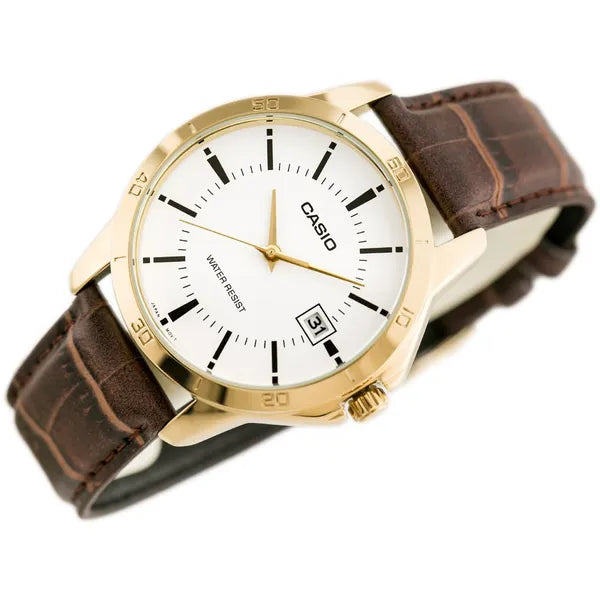 Casio MTP-V004GL-7A férfi karóra, arany tok 42 mm fehér számlap, bőr szíj, kvarc