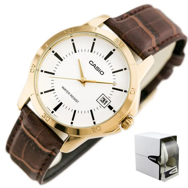Casio MTP-V004GL-7A férfi karóra, arany tok 42 mm fehér számlap, bőr szíj, kvarc
