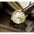 Casio MTP-V004GL-9A férfi kvarc karóra, 42 mm, bőr szíj, arany számlap, WR30