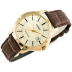 Casio MTP-V004GL-9A férfi kvarc karóra, 42 mm, bőr szíj, arany számlap, WR30
