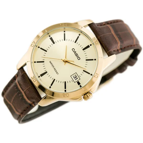 Casio MTP-V004GL-9A férfi kvarc karóra, 42 mm, bőr szíj, arany számlap, WR30