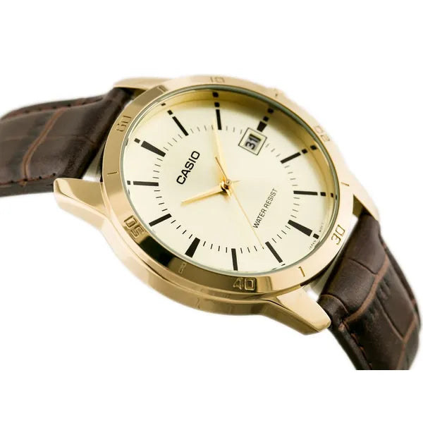 Casio MTP-V004GL-9A férfi kvarc karóra, 42 mm, bőr szíj, arany számlap, WR30