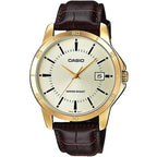 Casio MTP-V004GL-9A férfi kvarc karóra, 42 mm, bőr szíj, arany számlap, WR30