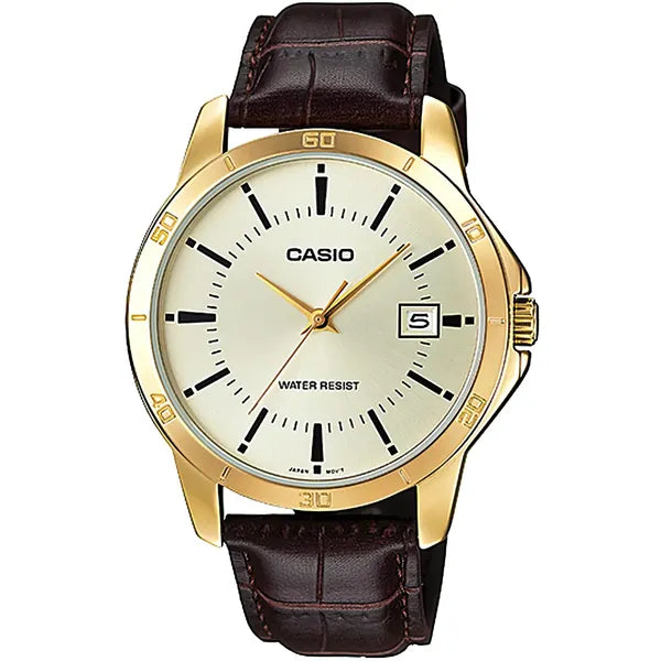 Casio MTP-V004GL-9A férfi kvarc karóra, 42 mm, bőr szíj, arany számlap, WR30