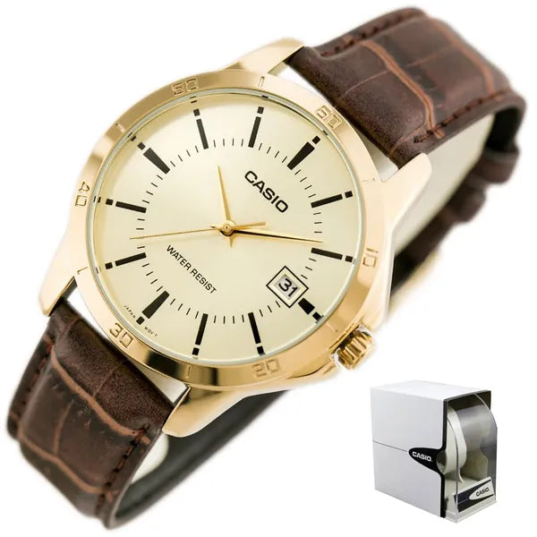 Casio MTP-V004GL-9A férfi kvarc karóra, 42 mm, bőr szíj, arany számlap, WR30